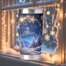 Magical Christmas time - golden snowflakes on blue
