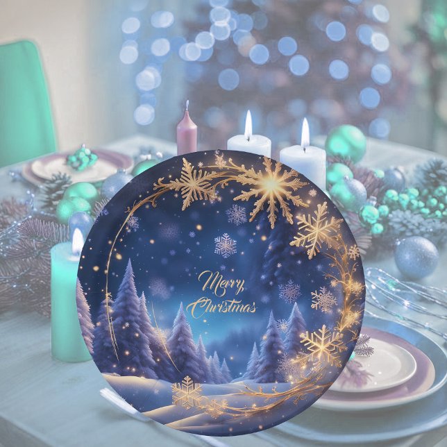 Magical Christmas time - golden snowflakes on blue Paper Plates (Creator Uploaded)