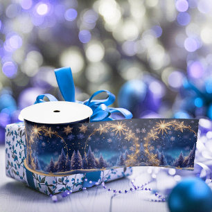 Magical Christmas time - golden snowflakes on blue Satin Ribbon