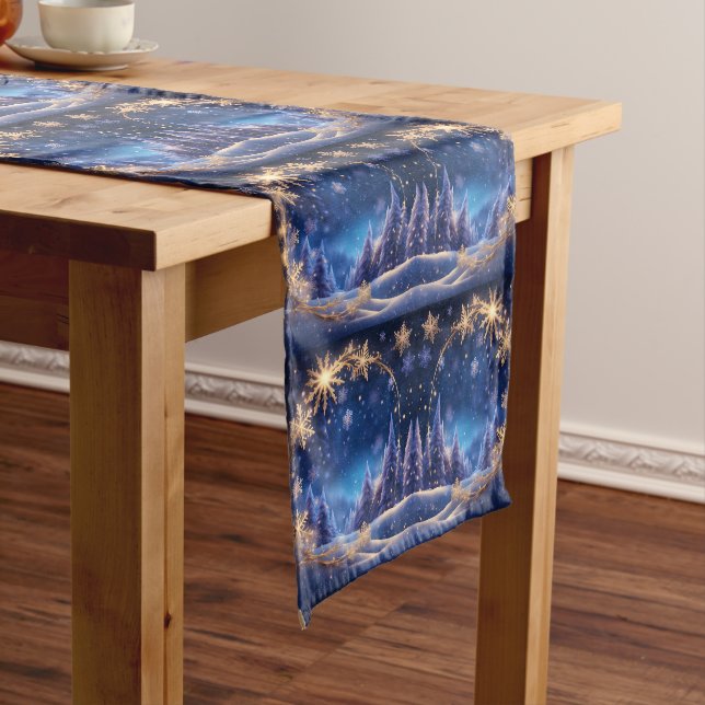 Magical Christmas time - golden snowflakes on blue Short Table Runner (In Situ)