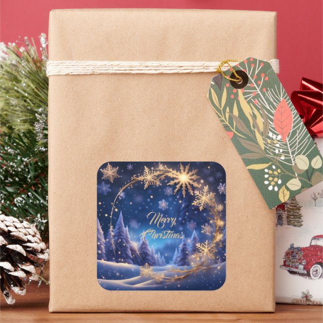 Magical Christmas time - golden snowflakes on blue Square Sticker (Holiday)