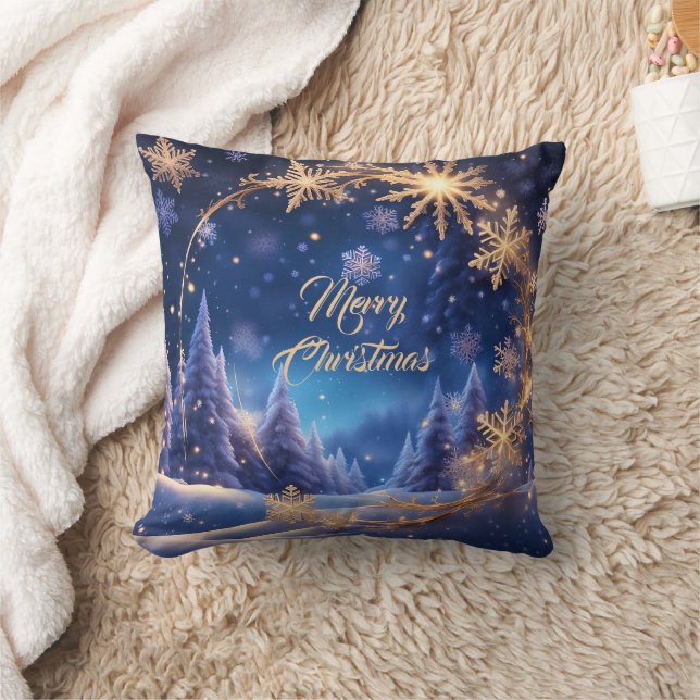 Magical Christmas time - golden snowflakes on blue Throw Pillow (Blanket)