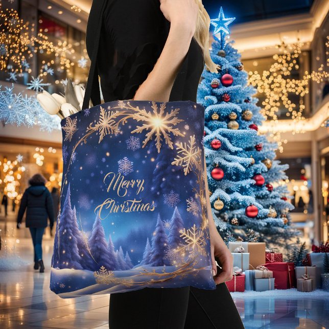 Magical Christmas time - golden snowflakes on blue Tote Bag (Creator Uploaded)