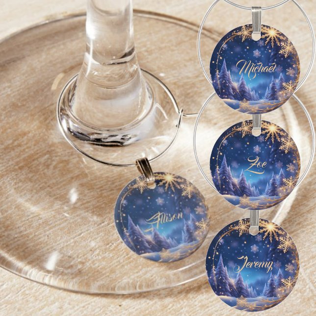 Magical Christmas time - golden snowflakes on blue Wine Charm (Creator Uploaded)