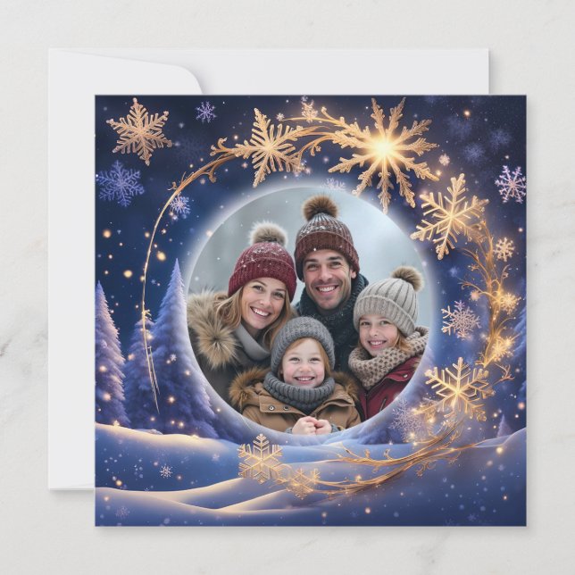 Magical Christmas time - golden snowflakes, photo Holiday Card (Front)