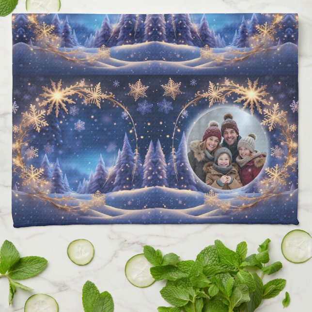 Magical Christmas time - golden snowflakes, photo Kitchen Towel (Folded)
