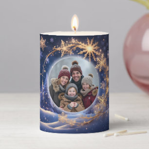 Magical Christmas time - golden snowflakes, photo Pillar Candle