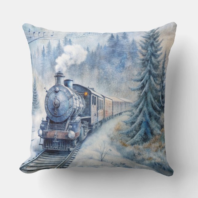 Magical Christmas Train Pillow – Vintage Winter (Front)