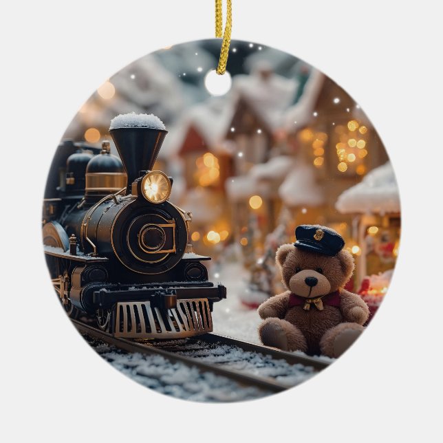 Magical Christmas Train Scene with Teddy Bear  Ceramic Ornament (Front)