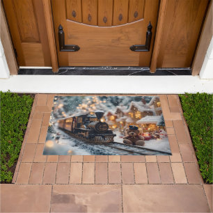 Magical Christmas Train Scene with Teddy Bear Doormat