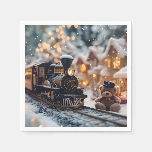 Magical Christmas Train Scene with Teddy Bear  Napkins (Front)
