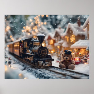 Magical Christmas Train Scene with Teddy Bear  Poster