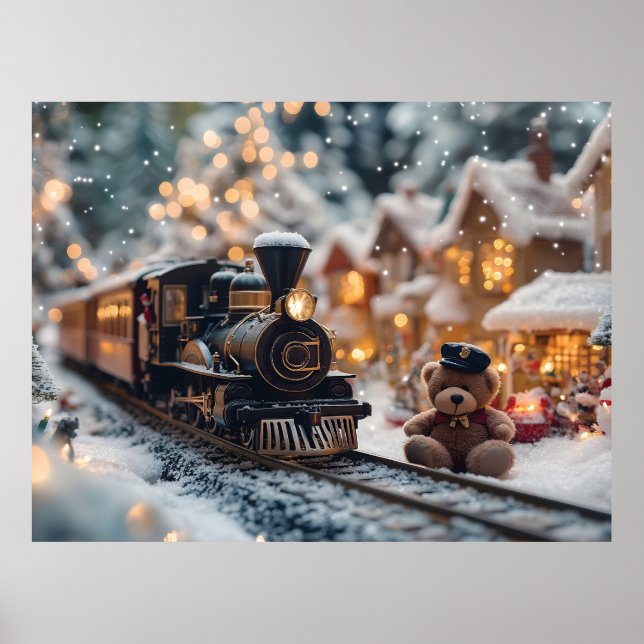 Magical Christmas Train Scene with Teddy Bear  Poster (Front)