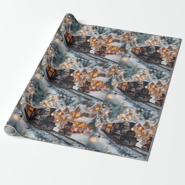 Magical Christmas Train Scene with Teddy Bear  Wrapping Paper (Unrolled)