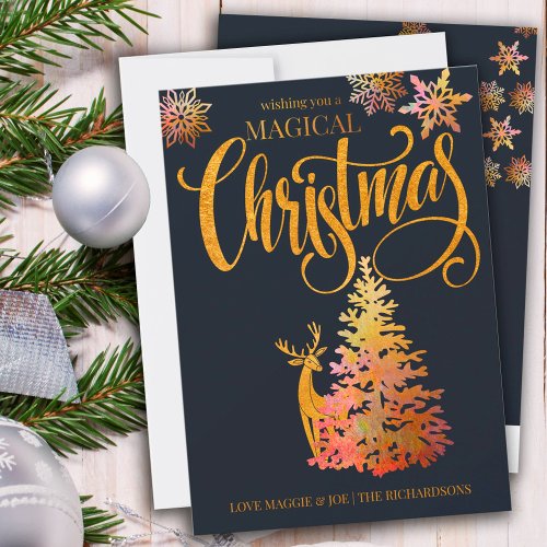 Magical Christmas Tree and Deer Gold and Blue Holiday Card