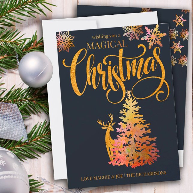 Magical Christmas Tree and Deer Gold and Blue Holiday Card (Creator Uploaded)