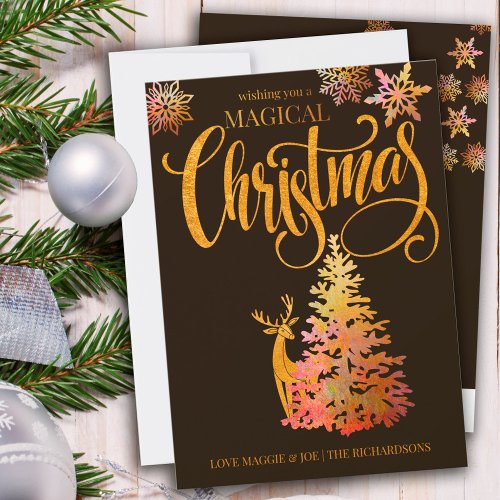 Magical Christmas Tree and Deer Gold and Bronze Holiday Card