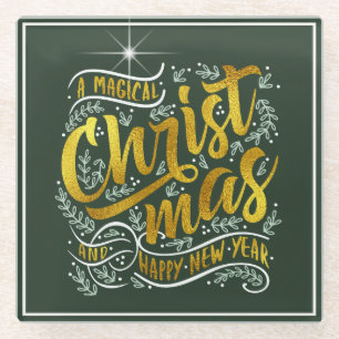 Magical Christmas Typography Gold ID441 Glass Coaster
