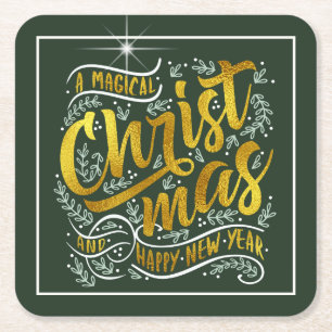 Magical Christmas Typography Gold ID441 Square Paper Coaster