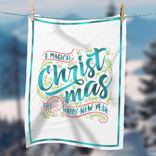 Magical Christmas Typography Teal ID441 Fleece Blanket