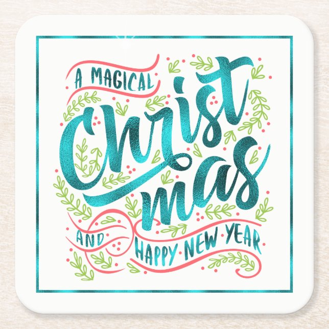 Magical Christmas Typography Teal ID441 Square Paper Coaster (Front)