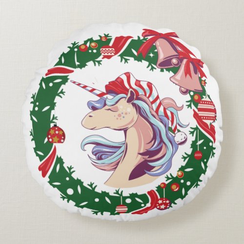 Magical Christmas Unicorn  Round Pillow