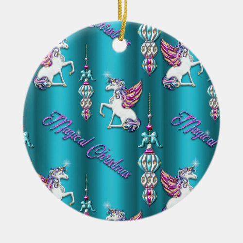 Magical Christmas Unicorns Blue Ceramic Ornament