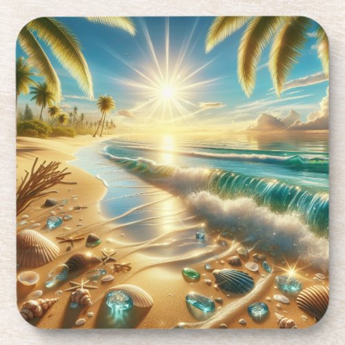 Magical Coastline with Blue Waves and Sea Glass Beverage Coaster