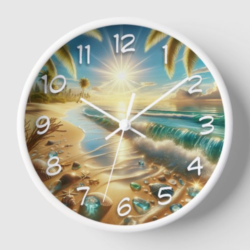 Magical Coastline with Blue Waves and Sea Glass Clock