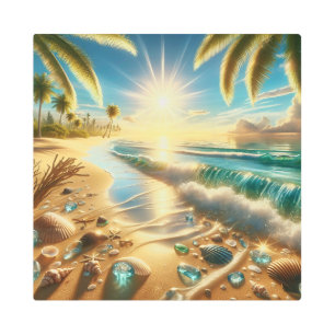 Magical Coastline with Blue Waves and Sea Glass Metal Print