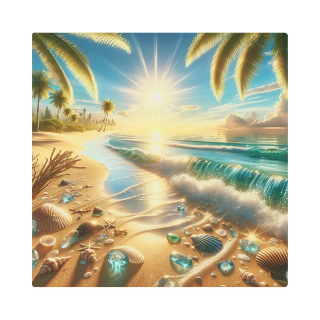 Magical Coastline with Blue Waves and Sea Glass Metal Print (Front)