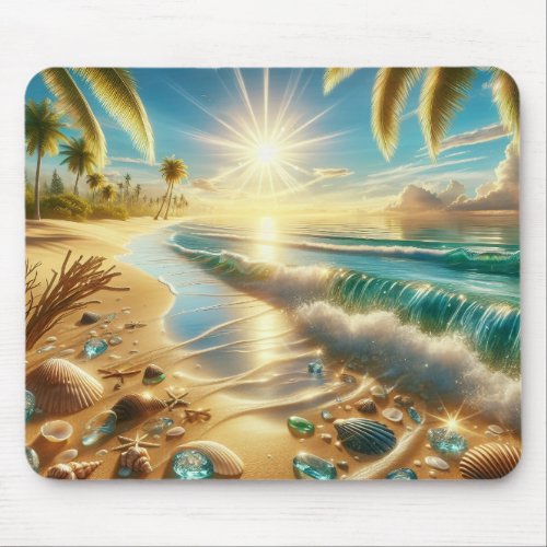 Magical Coastline with Blue Waves and Sea Glass Mouse Pad