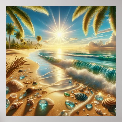Magical Coastline with Blue Waves and Sea Glass Poster