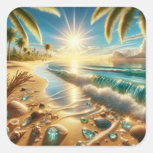 Magical Coastline with Blue Waves and Sea Glass Square Sticker