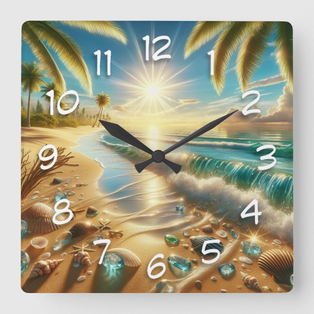 Magical Coastline with Blue Waves and Sea Glass Square Wall Clock (Front)