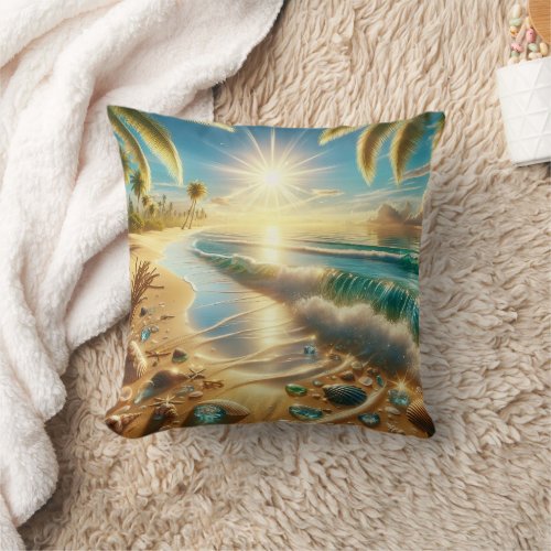 Magical Coastline with Blue Waves and Sea Glass Throw Pillow