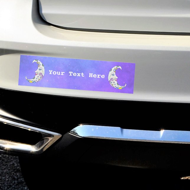 Magical Colorful Crescent Moons Pretty Faces sky Car Magnet (Fantasy white moons with faces colourful markings on purple sky with stars car bumper sticker magnet)