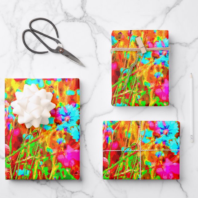 Magical Colorful Flowering Meadow Pop Art Wrapping Paper Sheets (Front)