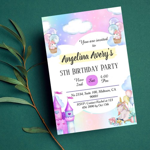 Magical colorful purple blue Unicorn 5th Birthday  Invitation