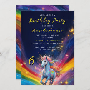 Magical Colorful Rainbow Unicorn 6th Birthday Invitation