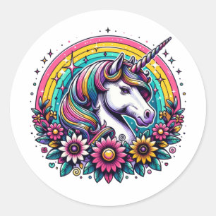 Magical Colorful Unicorn and Rainbow Classic Round Sticker