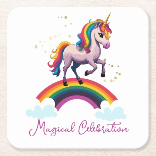 Magical Colorful Unicorn Rainbow Birthday Square Paper Coaster