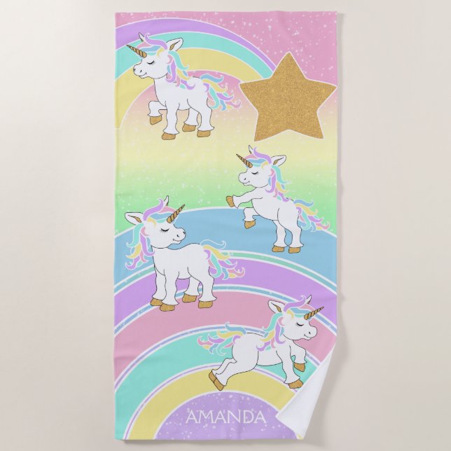 Magical Colorful Unicorns 🦄 Beach Towel (Front)