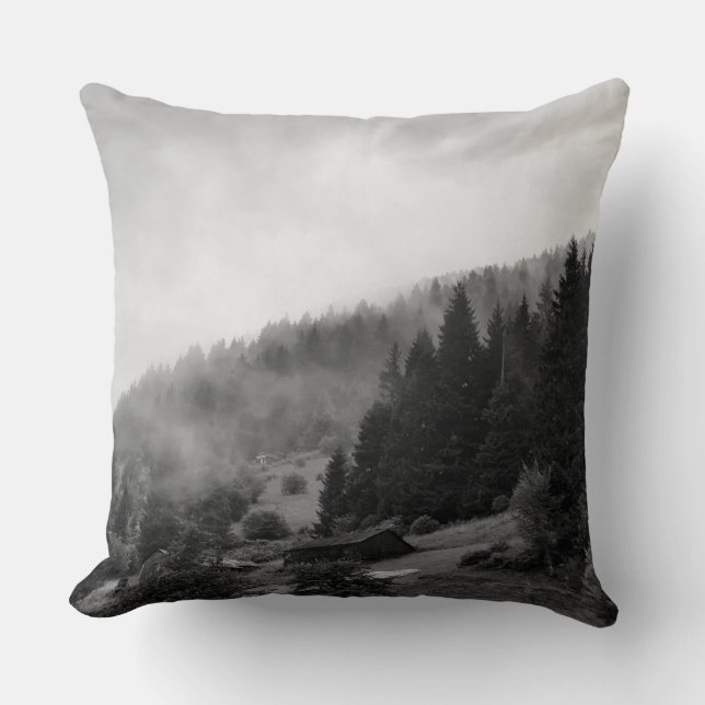 Magical, cool nature in fog throw pillow (Front)