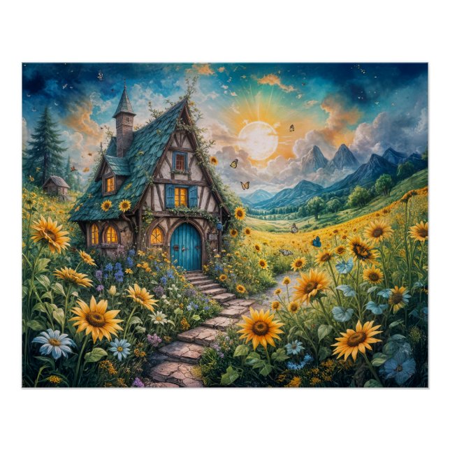 Magical Cottage with Sunflower Field Poster (Front)