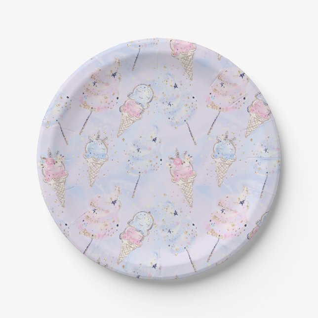 Magical Cotton Candy and Ice Cream Glitter Pattern Paper Plates (Front)