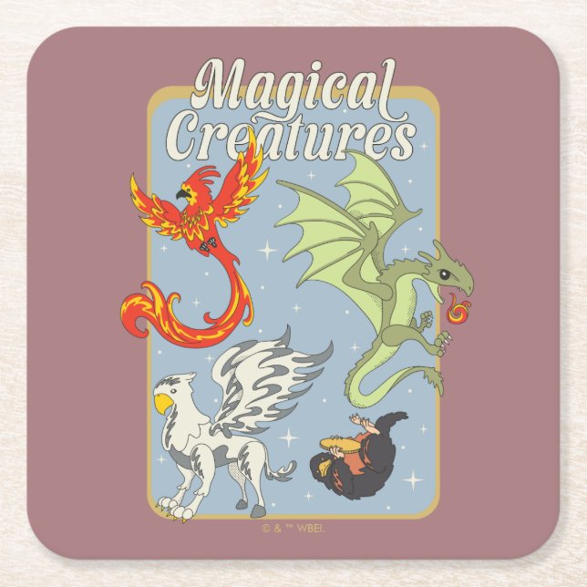 Magical Creatures Vintage Graphic Square Paper Coaster (Front)