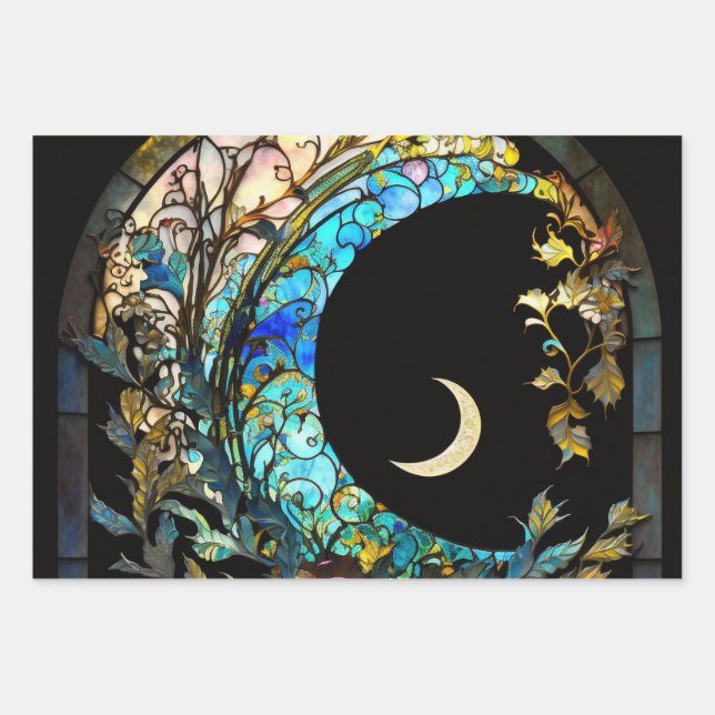 Magical Crescent Moon Alcohol Ink Wrapping Paper Sheets (Front)