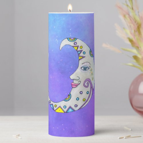 Magical Crescent Moon Face Colorful Markings Sky Pillar Candle