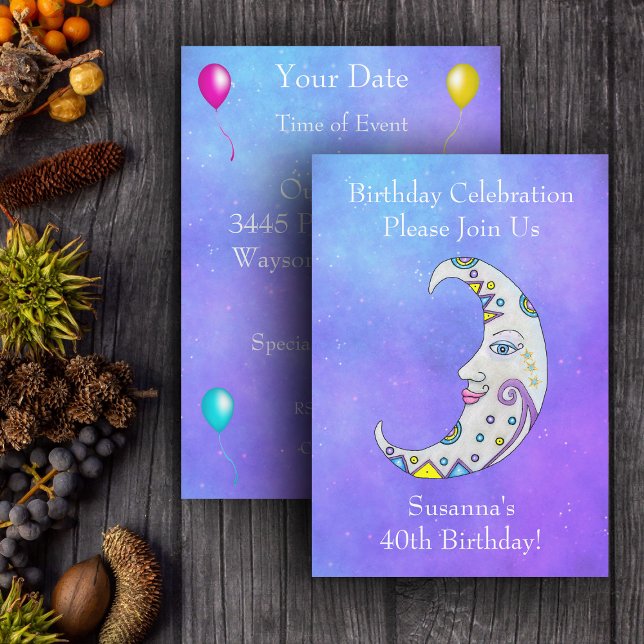 Magical Crescent Moon Face Colour Markings Sky Invitation (Magical crescent moon pretty face colourful markings on purple sky Birthday party invitations.)